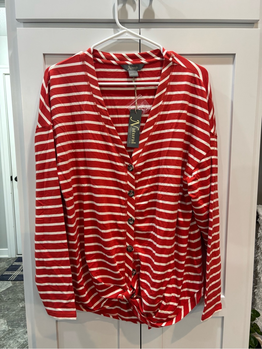 Natural Reflections Red White Striped Button Down Tie Front Top Womens Large NEW - Picture 4 of 7